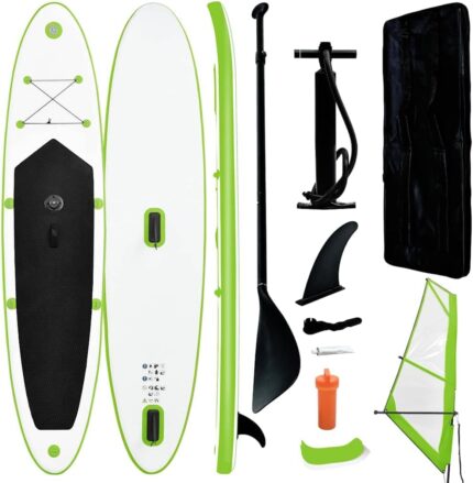 Aufblasbares SUP-Board Grün Weiß Stand Up Paddle Board mit Segel Set 330x72x PVC Material Person Tragetasche Hochdruckpumpe Finne für Wassersport Outdoor Urlaub