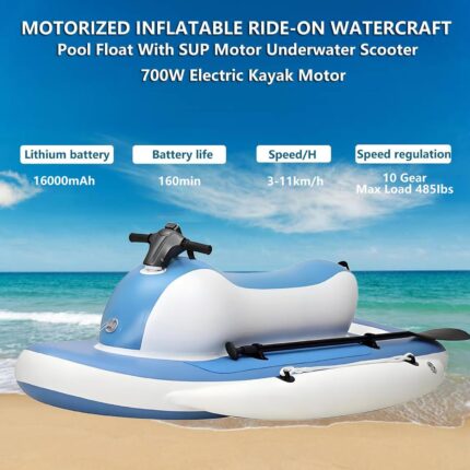 Motorized Inflatable Ride-On Watercraft Pool Float - Summer Electric Motor Boat Jet Ski Inflatable Foldable Boat with 700W Underwater Scooter, Drop-Stitch Sandwiched Material Boat+Thruster