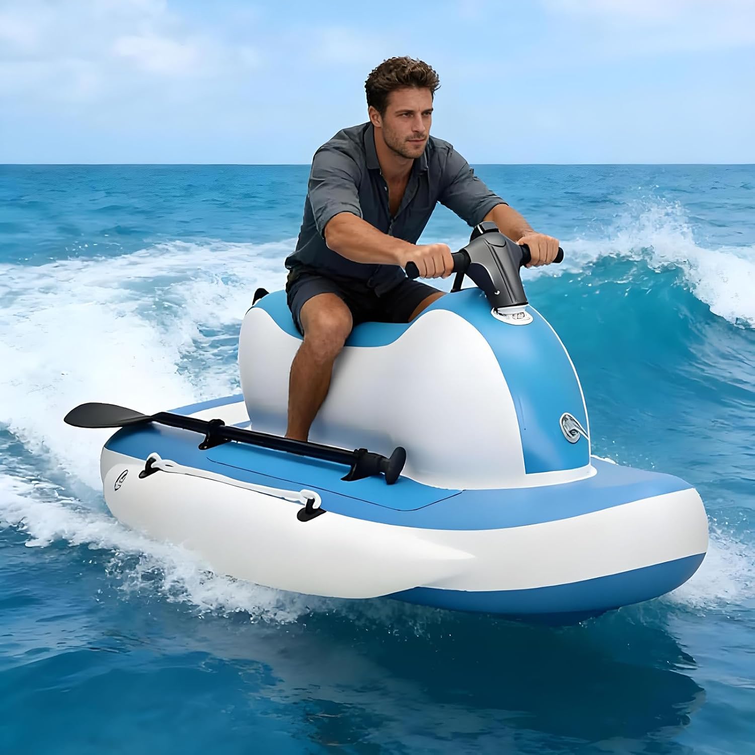 71mnajOMX3L._AC_SL1500 Motorized Inflatable Ride-On Watercraft Pool Float - Summer Electric Motor Boat Jet Ski Inflatable Foldable Boat with 700W Underwater Scooter, Drop-Stitch Sandwiched Material Boat+Thruster