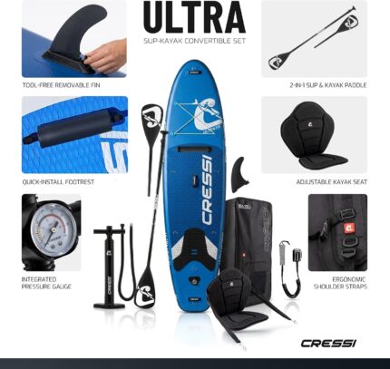 CRESSI seit 1946 - Ultra Isup/Kayak Set - Aufblasbares SUP Board für Erwachsene Große Stabilität Strapazierfähigkeit Komplett Zubehör Paddel Flosse Pumpe Leine Tasche_320x81x15 cm Max 130 kg