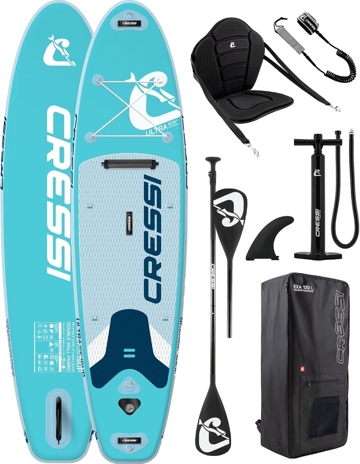 81zgs6yk7EL._AC_SL1500 CRESSI seit 1946 - Ultra Isup/Kayak Set - Aufblasbares SUP Board für Erwachsene Große Stabilität Strapazierfähigkeit Komplett Zubehör Paddel Flosse Pumpe Leine Tasche_320x81x15 cm Max 130 kg