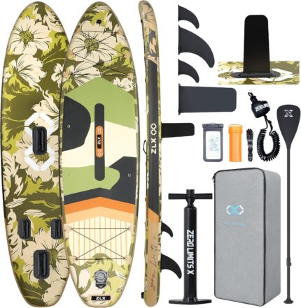 ZLX 11.5 FT Inflatable Stand Up Paddle Board Skill Levels, Adults & Youth - Wide Stable Design, Non-Slip Deck, Adjustable Paddle, Safety Leash, and Carry Bag Included